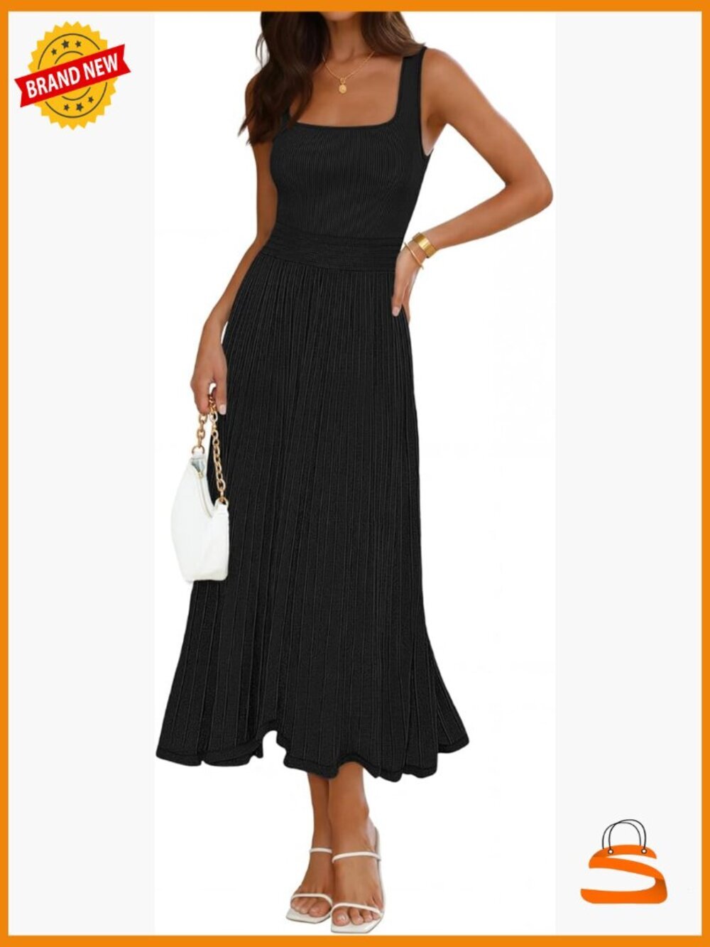 Square Neck Sleeveless Midi Dress Sleeveless Pleated A-Line